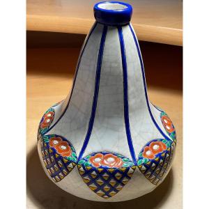Art-deco Longwy Enamel Vase Decor D.5053 On White Background.