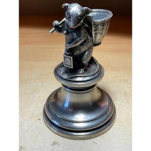 Toothpick Holder In Silver Bronze Representing A Mouse With A Basket In The Back And A Lantern In Hand Signed Christofle On The Base