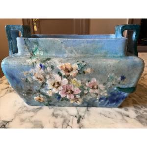 Planter In Polychrome Impressionist Colored Slip From The Manufacture De Gien With Floral Decor On A Sky Blue Background Workshop Of Dominique Grenet.
