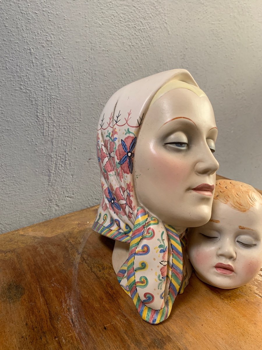 Scultura in ceramica firmata Ronzan Made in Italy Madonna con bambino-photo-3