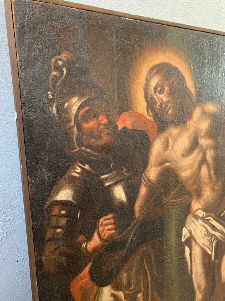 Olio su tela dipinto raffigurante Cristo alla colonna-photo-2