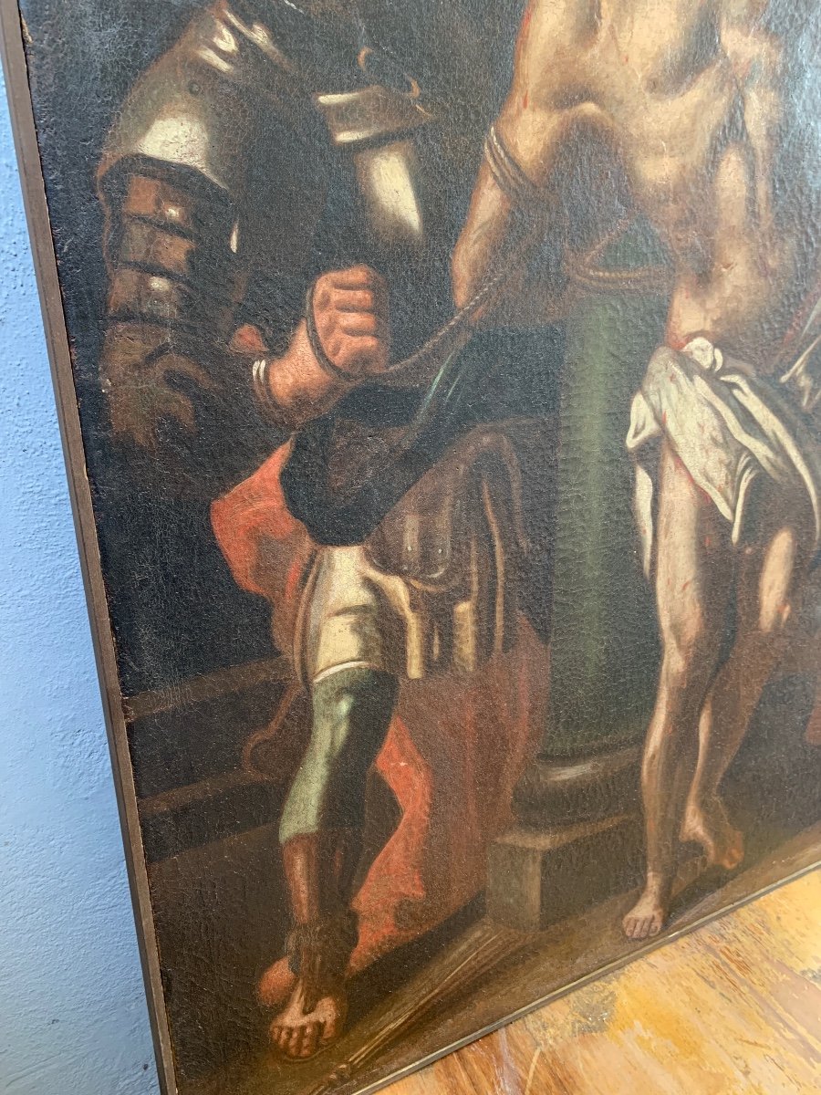 Olio su tela dipinto raffigurante Cristo alla colonna-photo-3