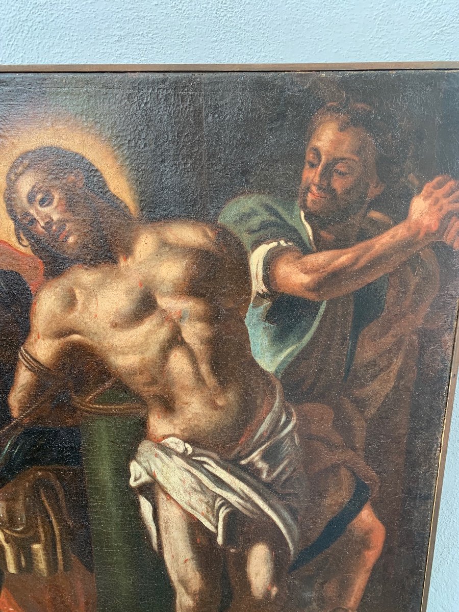 Olio su tela dipinto raffigurante Cristo alla colonna-photo-4