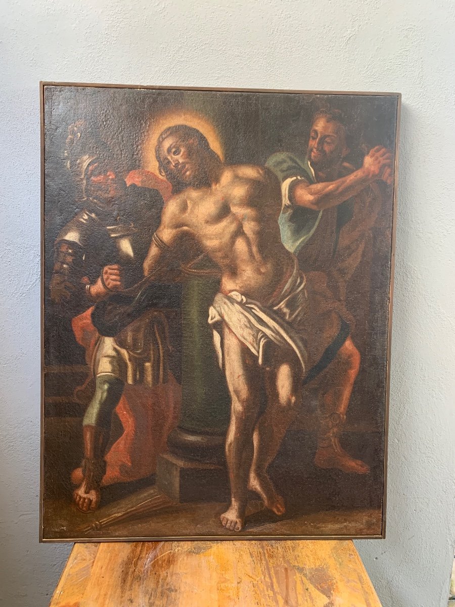 Olio su tela dipinto raffigurante Cristo alla colonna