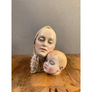 Scultura in ceramica firmata Ronzan Made in Italy Madonna con bambino
