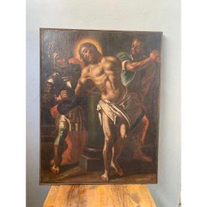 Olio su tela dipinto raffigurante Cristo alla colonna
