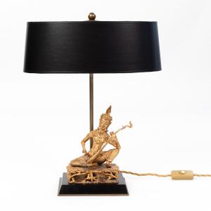 Asian Table Lamp Of A Sitting Temple Musician Gilded Bronze Thailand 1920s