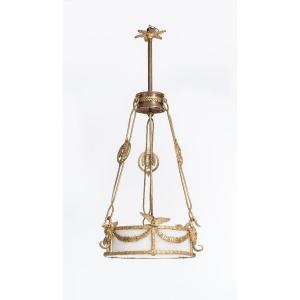 Impressive French Empire Chandelier, Firegilded Bronze With Alabaster 1830s