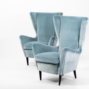 Pair Of Mid-century Italian Armchairs In Turquoise-acqua Velvet By Isa, Bergamo