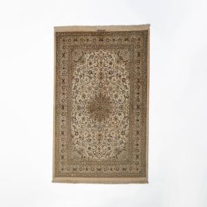 Hand-woven Persien-kaschan Silk Rug In Ivory-deep Dark Blue-cognac-lime Green-light Blue From The 1970s, Signed