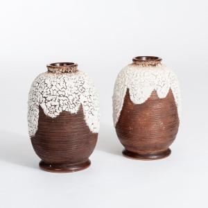 Pair Of French Art Deco Ceramic Vases Brown-offhwite By Louis Auguste Dage