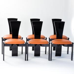6 French Mid-century Dining Room Chairs Black Lacquer Hermès Colored Leather