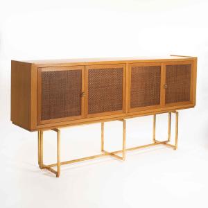 Mid-century Italian Sideboard Oakwood Gilt Metal Base, Leather Front Doors 1960s