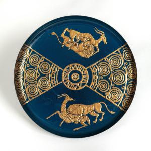 Mid-century Italian Metal Tray Turquoise-blue Base Color Gilded Ornaments 1950s