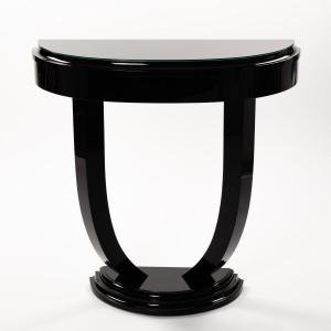 French Semicircular Art Déco Console Black Piano Lacquer, Black Glass Top Plate