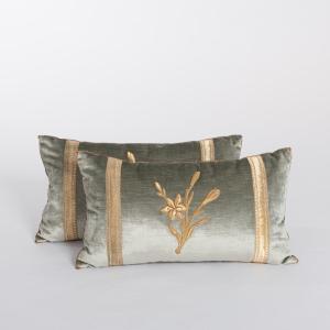 Pair Of New Pastel Green Colored Velvet Pillows With Antique Metallic Embroidery From The 19th Century