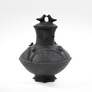 Vintage Tribal Bakonongo Terracotta Vessel With Ethnic Depictions Congo 1950s
