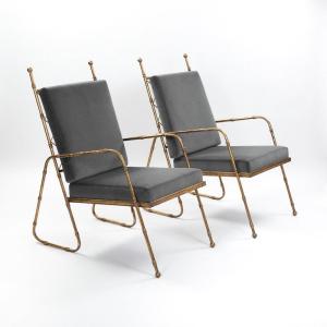 Pair Of French Mid-centruy Gilt Iron Faux Bamboo Armchairs Grey Velvet 1980s