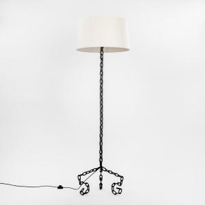 French Brutalist Mid-century Black Iron Chain Floor Lamp White Silk Shade 1960s