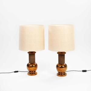 Pair Of Mid-century Copper Colored Ceramik Table Lamps Signed Bergboms Sweden