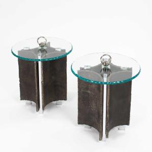 Mid-century Italian Brutalist Side Tables Iron-glass-nickel By Banci, Florence 1960s