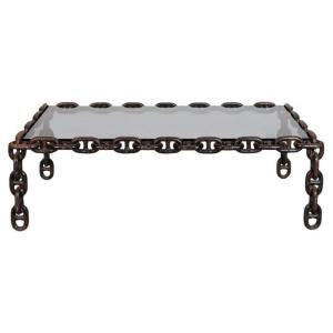 French Brutalist Iron "chain" Coffee Table Smoked Glass Top, France 1960s