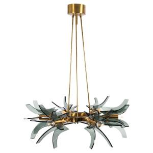 Italian Mid-century Geometric Brass-green Glass Chandelier By Gino Paroldo 1960s
