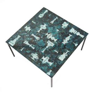 Mid Century Italian Coffee Table Abstract Decor In Turquoise-green-gold Glass