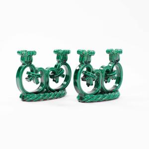 Pair Of Art Déco Ceramic Candlesticks In Fir Green Cord Look 1930s
