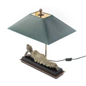 Asian Figural Bronze Table Lamp Of A Lying Buddha With Green Shade Myanmar 1920s