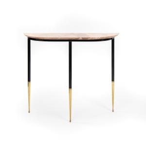 Italian Mid-century Grazile Iron And Marple Console Table Brass Foot Caps 1950s
