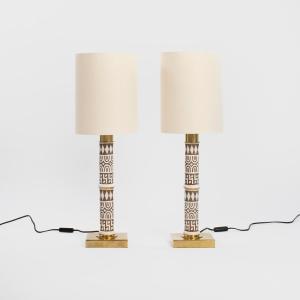 Pair Of Italian Ceramic And Brass Table Lamps By Banci Firence, 1980s