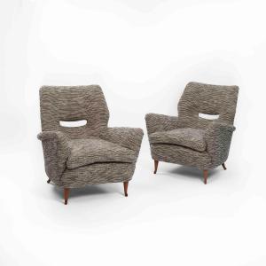 Pair Of Italian Mid-century Curved Armchairs, Ebony-offwhite Bouclé Fabric, 1950s