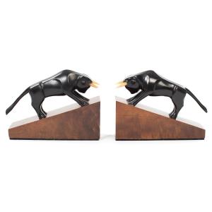 Pair Of French Cubistic Art Déco Bison Bookends In Ebony-horn, Signed 1920s