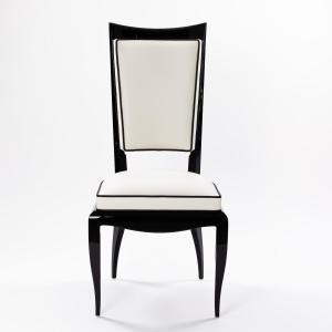 Elegant Art Deco Chair With High Backrest, Black Lacquer Off-white Leather 1930s (1+6) 