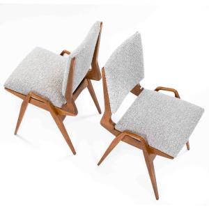 Pair Of Mid-century French Oak Chairs With Bouclé Fabric By Maurice Pré