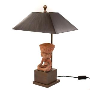 Figurative Terracotta Table Lamp Depicting A Seated Priest, Mexico, 1930s