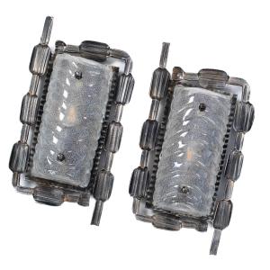 Pair Of Mid-century Brutalist Iron - Murano Glass Wall Lights, 1960s
