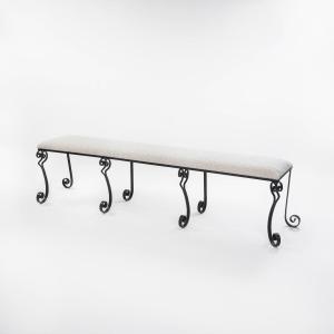 Art Deco Wrought Iron Bench With Off-white Bouclé Fabric, 1920s