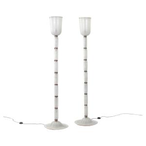 Pair Of Modern White-amethyst Colored Murano Glass Floor Lamps 1980s In The Style Of Barovier