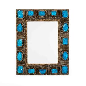 Italian Mid-century Brutalist Mirror Turquise-gold By Creaciones Gobesso, 1960s