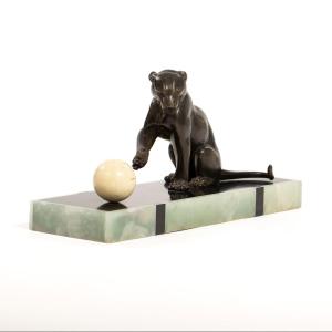 French Art Deco Bronze Panther On A Marble Base With A Jade Border, Hand-signed Leduc.