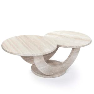 Italian Mid-century Round Two-tiered Sofa Table In Travertine Stone, 1960s