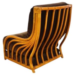 Rattan Lounge Chair By Roche Bobois, Maugrion, Leather Trim, 1968