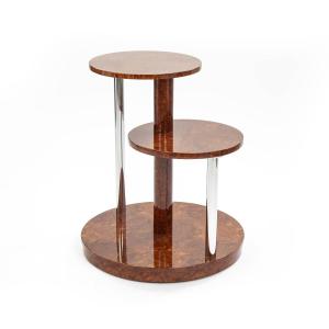 Multi-level Art Deco Coffee Table In Amboyna Wood And Stainless Steel, 1930s