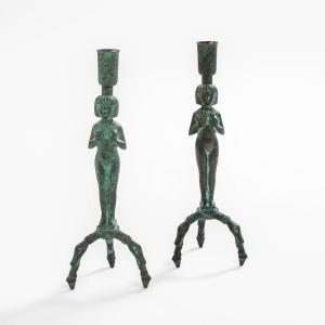Egyptian-inspired Art Déco Bronze Candleholders 1930s
