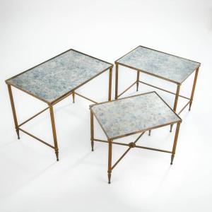 Set Of Nesting Tables In Brass With Marbled-mirrored Glass Top 1960s