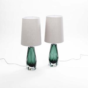 Pair Of Modern Italian Table Lamps In Forest-green Murano Glass, With Facets