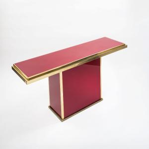 Sleek French Console In Oxblood-colored Glass And Brass, 1970s
