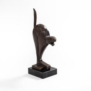 Dutch Cubist Art Deco Bronze Panther On Black Marble, By C. Van Der Hoef, 1910s